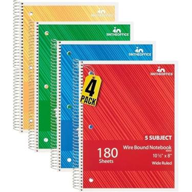 Imagem de 1InTheOffice Caderno espiral pautado universitário 26 x 20, cadernos pautados universitários para 5 disciplinas, cadernos espirais encadernados em arame, 180 folhas, cores sortidas, 1 pacote (4)