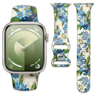 Imagem de Pulseira de silicone macio de 38 mm, 40 mm, 41 mm e 42 mm, pulseira de substituição com fecho clássico para Apple Watch Series SE 10, 9, 8, 7, 6 5 e Utral (flores azuis)