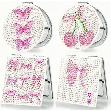 Imagem de 4 peças de pintura de diamante compacto espelho de arte pedra rosa espelho de bolso compacto diamante arte pequeno kit para iniciantes adultos arte faça você mesmo artesanato presentes femininos