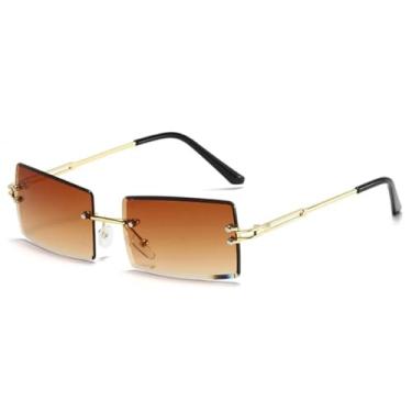 Imagem de Óculos de sol vintage luxuosos sem aro, femininos e masculinos, armação de metal punk, óculos masculinos UV400 (chá dourado)