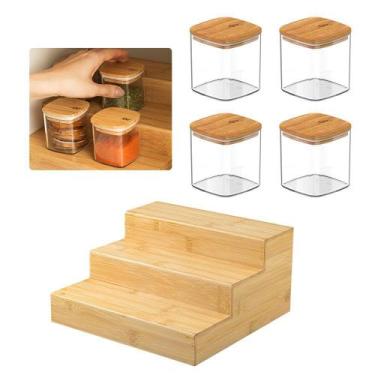 Imagem de Kit Organizador Multinível Com 4 Potes Herméticos Em Bambu - OU