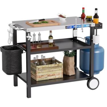 Imagem de 86 cm C x 50 cm L mesa de aço inoxidável para churrasqueira, carrinho de churrasqueira para uso externo, suporte de mesa de forno de pizza com suporte magnético para ferramentas, rodas, ganchos