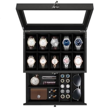 Imagem de Uten Caixa de relógio com 10 compartimentos, caixa de exibição de relógio de madeira maciça de 2 camadas com tampa de vidro, organizador de relógio com almofada macia e forro de veludo, caixa de