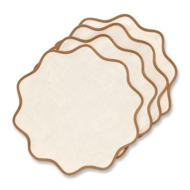 Imagem de Solino Home Jogo americano Scallop Linen com 4-100% linho puro açúcar mascavo e pano redondo natural 40,6 cm para o verão, outono - Giselle Scallop Edge, feito à mão e lavável na máquina