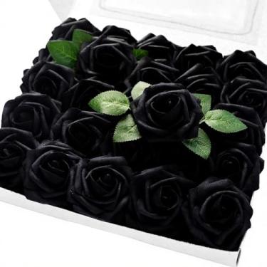 Imagem de SHUERIET Flores artificiais, 20 peças de rosas falsas de espuma preta de aparência real com hastes para buquês de casamento DIY, centro de mesa, chá de panela, decoração de arranjo de flores em casa