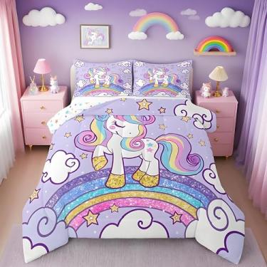 Imagem de Feelyou Jogo de cama queen de unicórnio, fofo, unicórnio, arco-íris, ultramacio, com estampa de estrelas, decoração de quarto, arco-íris, decoração de animais fofos, colcha