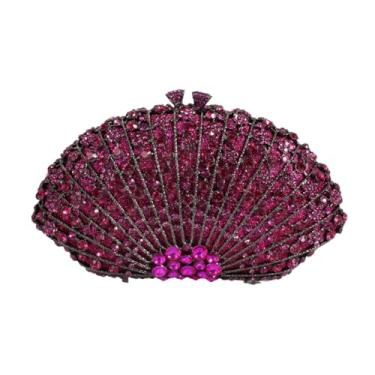 Imagem de WYZIG Bolsa feminina com glitter em forma de leque de strass para noite luxuosa bolsa de casamento de cristal para coquetel e festa de formatura, Fúcsia