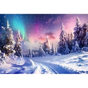 Imagem de YongFoto Cenário de paisagem de neve de inverno, 3 x 2,1 m, céu estrelado, aurora, montanha, pinheiro, floresta, campo de neve, cenário para fotografia de Natal, Ano Novo, faixa de festa, decoração de