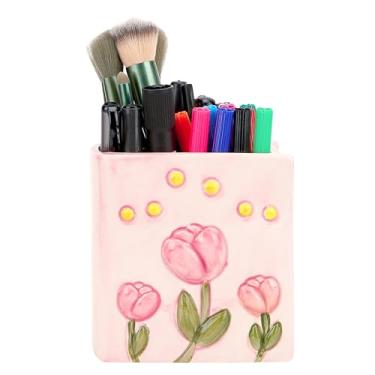 Imagem de BUNCHBRAVO Porta-lápis de cerâmica floral – Organizador de mesa tulipa em relevo para pincéis de maquiagem, canetas e artigos de papelaria, penteadeira fofa e decoração de escritório para mulheres