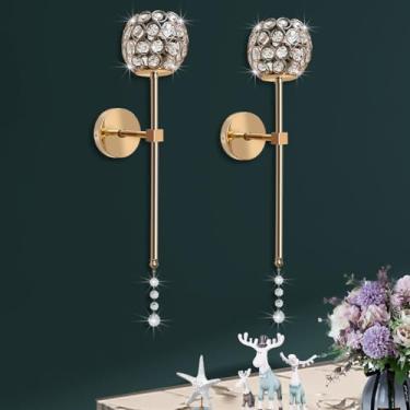 Imagem de Arandelas de vela de cristal para decoração de parede longo suporte de vela arandela arte de parede decoração de casa para quarto, sala de estar, sala de jantar, conjunto de 2 - ouro
