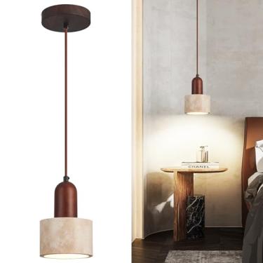 Imagem de ADCTHOME Luminária pendente wabi sabi japonesa, luminária suspensa de madeira moderna com sombra de pedra natural, luminária pendente de altura ajustável para ilha de cozinha, quarto, sala de jantar
