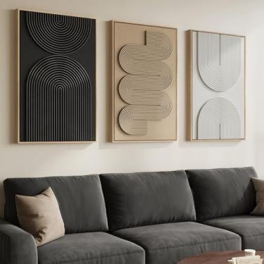 Imagem de Arte de parede abstrata neutra texturizada 3D grande com moldura boho, conjunto de 3 pinturas modernas para paredes, preto branco marrom minimalista, imagens geométricas para sala de estar, entrada