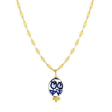 Imagem de XUN Zhe Colar feminino com pingente de coração de porcelana azul e branco vintage, joia texturizada, joia floral, cerâmica charmosa, acessórios de estilo retrô, Large, Liga de aço, Sem Pedra Preciosa