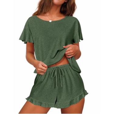 Imagem de Conjunto de pijamas femininos Ekouaer com mangas com babados e shorts 