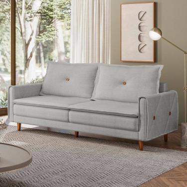 Imagem de Sofá Living 3 Lugares com Pés em Madeira Maciça 210cm Sololá Espresso Móveis Linho Cinza Claro