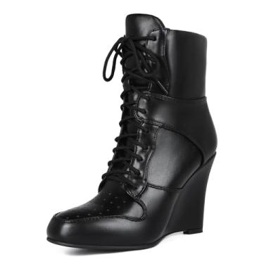 Imagem de Oisbmats Botas femininas de salto alto grosso com cadarço e tira no tornozelo, Preto, 38