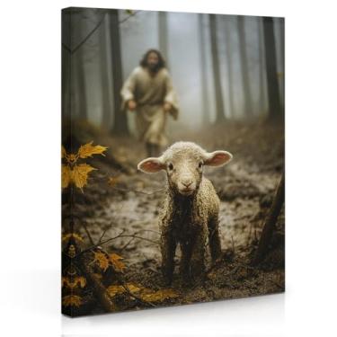 Imagem de Arte de parede em tela emoldurada religiosa para sala de oração, pintura de Jesus e cordeiro, decoração de parede serenidade, arte de decoração cristã para decoração de Natal em casa, impressões em