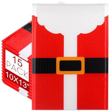 Imagem de Watersay 15 peças de envelopes grandes de plástico de Natal com bolhas de 25 x 33 cm, envelopes acolchoados de Natal, autoadesivos, sacos de envio de Natal para pequenas empresas (terno de Papai Noel)