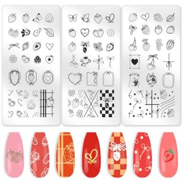 Imagem de beinkmake 3 peças de placa de estampagem de unhas de morango, laço de coração, modelos de carimbos de arte de unhas de aço inoxidável, ferramentas reutilizáveis com raspador de carimbo para impressão