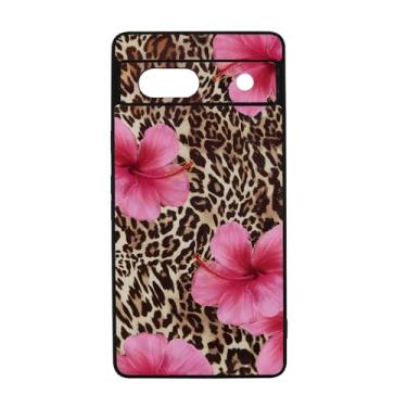 Imagem de qizjio Capa de telefone com estampa de leopardo estética – flor de hibisco rosa estilo anos 2000, capa protetora com padrão de chita fofa para Google Pixel 7A
