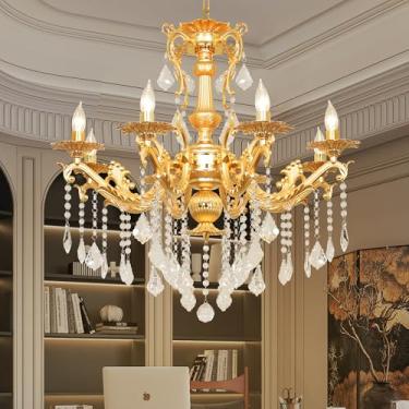 Imagem de CHGUOSZ Lustre de cristal dourado de luxo, luminária pendente de cristal K9 vintage de 76 cm com 8 luzes, luminária de teto com acabamento em latão antigo com braços enrolados para sala de jantar