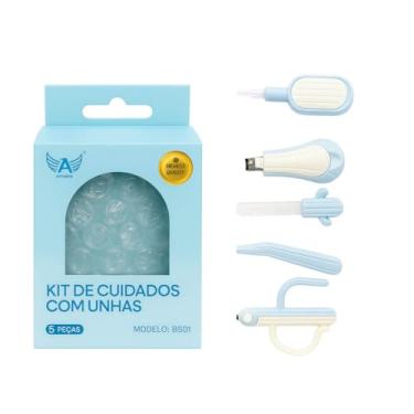Imagem de Kit Cuidados Higiene Para Bebês Com Estojo Azul 5 Peças Tesoura Ponta Arredondada Cortador Lixa Palheta Com Lanterna E Pinça Portátil Seguro E Durável