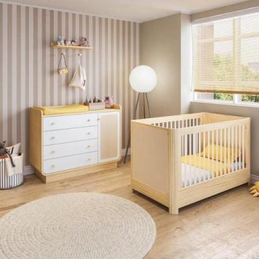 Imagem de Conjunto com Berço 2 em 1 e Cômoda 4 Gavetas 1 Porta, Rattan e Madeira