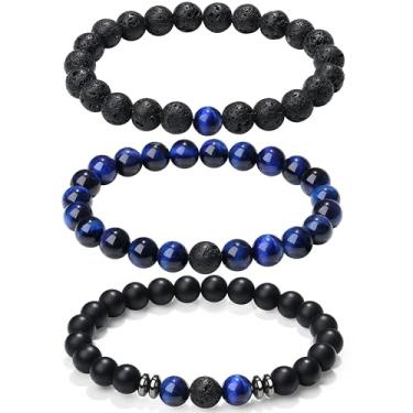 Imagem de XIANNVXI Pulseira masculina de contas 3/4 peças 8 mm conjunto de pulseiras de contas de pedra para homens olho de tigre Lava Rock Obsidiana Pulseira de cristal preto com contas elásticas para homens
