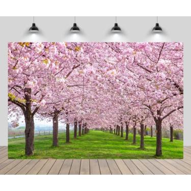 Imagem de CHNYWORK 3,7 m x 2,4 m Cherry Park pano de fundo Japão primavera flores rosa jardim caminho cerejeira árvores prado cenário natural primavera viagem festa decoração foto estúdio cabine adereços papel