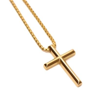 Imagem de Colar Crucifixo dourado masculino corrente em aço inoxidável banhada ouro 18k/ pingente cruz