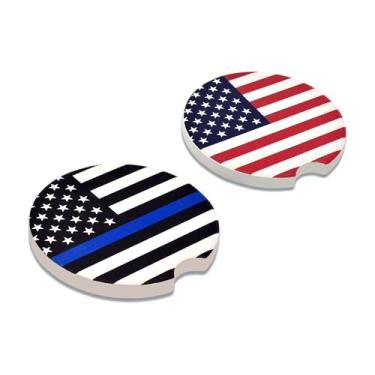 Imagem de Elektroplate Porta-copos automotivos de cerâmica Police Thin Blue Line e bandeiras dos Estados Unidos (6,5 cm de diâmetro) | Ajuste universal para todos os carros, caminhões, SUVs e mais | Absorvente