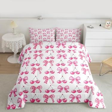 Imagem de jejeloiu Conjunto de edredom casal com laço de cereja e laço de princesa para crianças, meninos, edredom rosa, decoração de quarto, 3 peças com 2 fronhas
