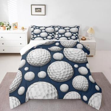 Imagem de Erosebridal Conjunto de cama azul marinho, estampa de bola de golfe, tamanho solteiro, para decoração de quarto de crianças, meninos, adolescentes e adultos, conjunto de edredom para amantes de golfe