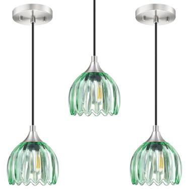 Imagem de 13 cm Tulipa Verde Vidro Pendurado Industrial Cozinha Ilha Casa de Fazenda Rústica Vintage Pacote com 3 1 Luz Pingente Luz de Teto Luminária Acabamento em Níquel Escovado, para Sala de Jantar
