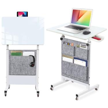 Imagem de KOUPA Mesa de pé de altura ajustável, mesa de vidro temperado gravável com borracha, flip de 360°, rodas e bolsa - ideal para espaços pequenos e escritórios domésticos, 61 cm, branco (altura