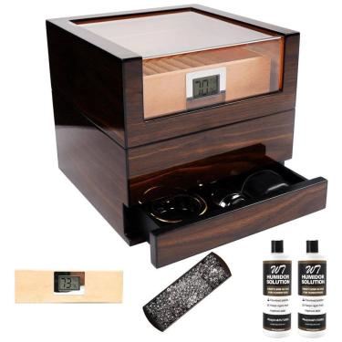 Imagem de Umidor de Charutos TUTUNES: Caixa Artesanal de Cedro Espanhol com Umidificação Fácil e Higrômetro Digital - Brilhante