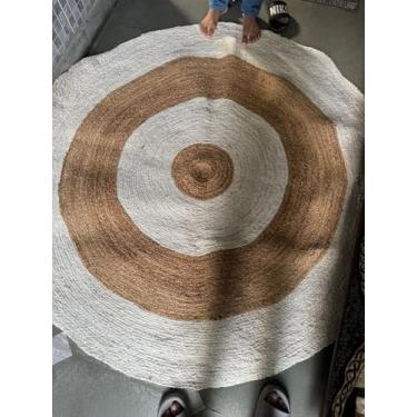 Imagem de Perilla Home Tapete de área de juta natural redondo (branco listrado) boho decoração de casa - tecido à mão rústico vintage reversível para quarto, cozinha, sala de estar, corredor, sala de jantar 1,8