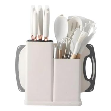 Imagem de Kit 19 Peças Utensilios Cozinha Silicone Com Facas Antiaderente Cabo De Madeira Tratada Kit Com Colher Concha Espatula Pegador Tesoura Tabua - Jogo Completo Premium Branco Marmore.