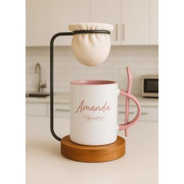 Imagem de Caneca personalizada rosa com colher e mini coador de café individual