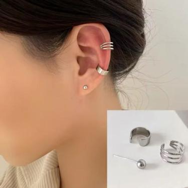 Imagem de Kit 3 Brincos Piercings Clipe Conjunto Delicado Feminino Ear Com Furo 