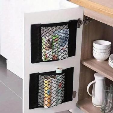 Imagem de 1 bolsa de armazenamento montada na parede – Organizador de malha de poliéster durável para armários de cozinha e bloqueios de carros, preto