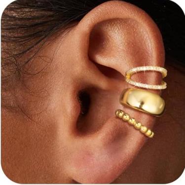 Imagem de 3 peças de brinco de cartilagem não perfurante delicado pequeno para mulheres - Conjunto moderno banhado a ouro 14K CZ falso joias presente