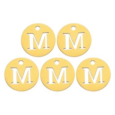 Imagem de Pingente de letra do alfabeto, letra M, 12 mm (1/5.1 cm), pingente redondo do alfabeto em aço inoxidável, tom dourado para pingente, fabricação de joias DIY, pacote com 5