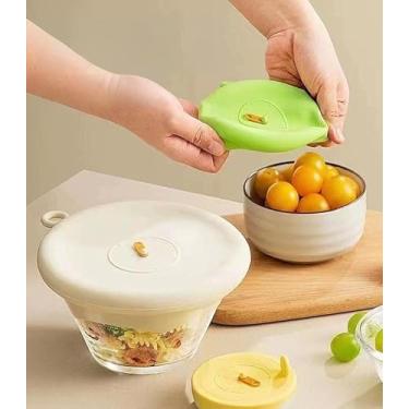 Imagem de Pacote com 3 capas de silicone para alimentos (S+M+L) - Tampa extensível, à prova de vazamento, resistente ao calor/frio para tigelas, potes e frutas cortadas (3 peças, verde, branco, amarelo)