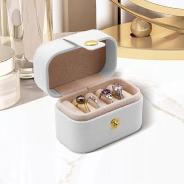 Imagem de Lindo suporte de anel de viagem, mini caixa de joias de poliuretano de sarja de luxo com 4 compartimentos para anel, brincos, estojo de joias de viagem compacto com botão de pressão para mulheres