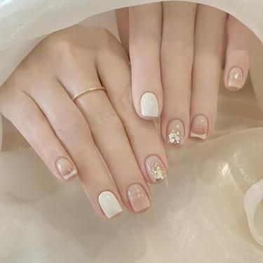 Imagem de Unhas postiças curtas quadradas francesas com design simples de glitter, unhas postiças, cobertura total, cola artificial nas unhas, cola nas unhas, para mulheres, manicure faça você mesmo, 24 peças