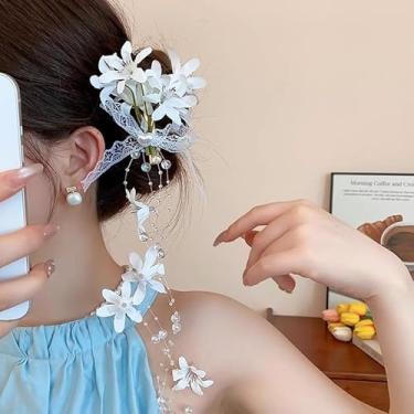 Imagem de Elegante grampo de cabelo de flor branca com laço de renda pérolas acessórios de cabelo românticos Fairyism borlas longas grampos de cabelo para mulheres presente de dia dos namorados