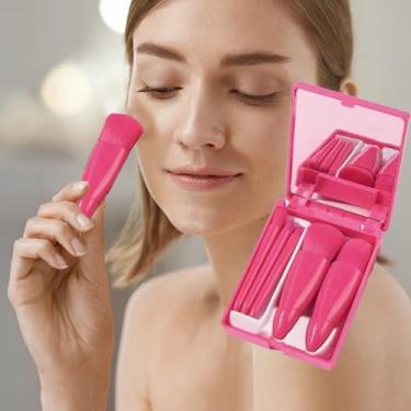 Imagem de Conjunto de pincéis de maquiagem com 5 peças fáceis de tirar para viagem, kit de pincéis cosméticos com função completa com espelho (rosa vermelha)