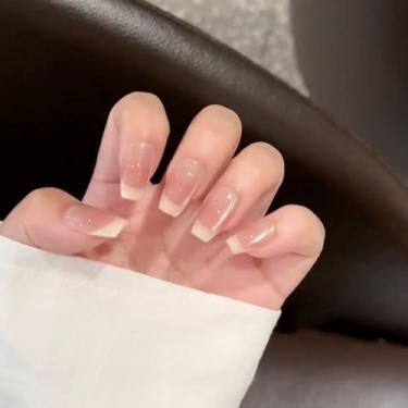 Imagem de Unhas postiças curtas médias quadradas francesas com design de olho de gato, cobertura completa, cola em bastão falso artificial em unhas de acrílico para uso diário, 24 peças