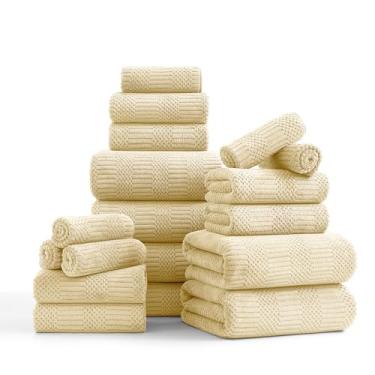 Imagem de Conjunto de 18 toalhas de família de tecido amarelo - 6 lençóis de banho, 6 toalhas de mão, 6 toalhas de poliéster macio toalha de banho absorvente toalha de praia de secagem rápida toalha de cadeira